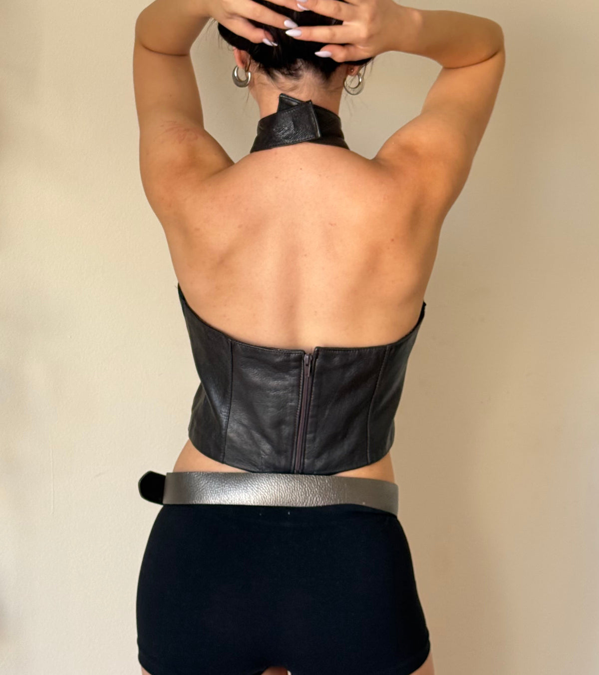 Real Leather high neck top with open back