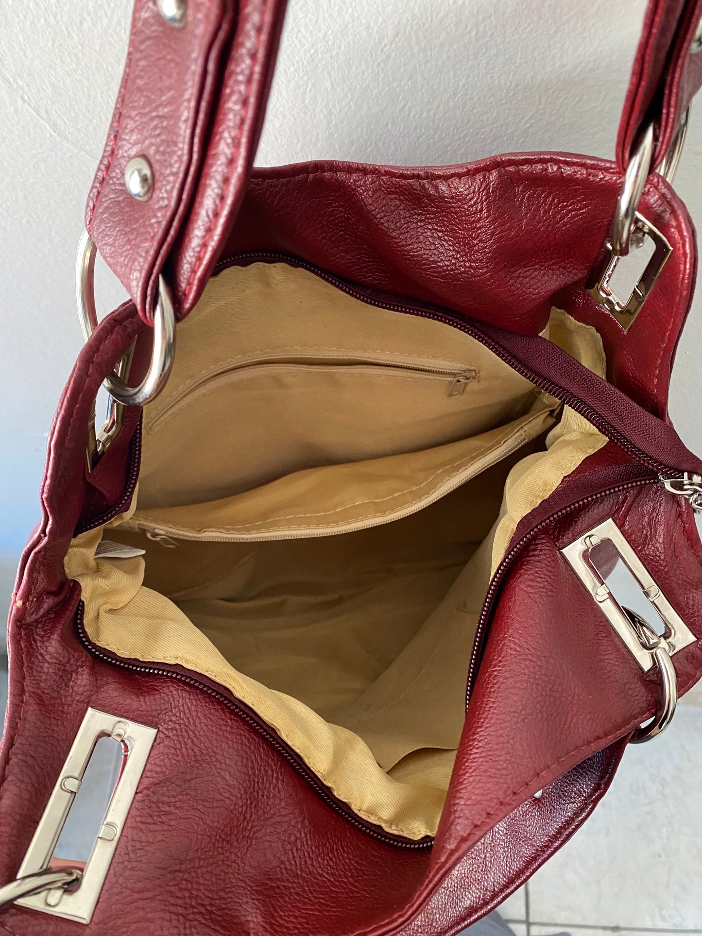 Burgundy faux leather big shoulder bag