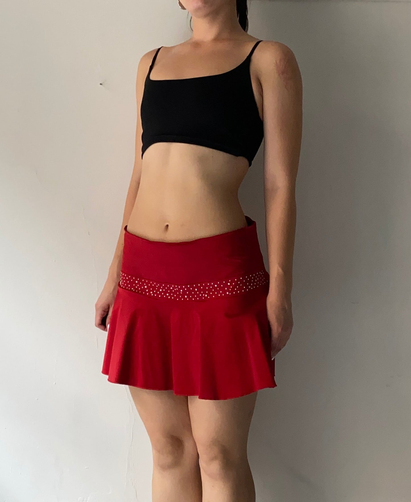 Deadstock deep red mini skirt with rhinestones