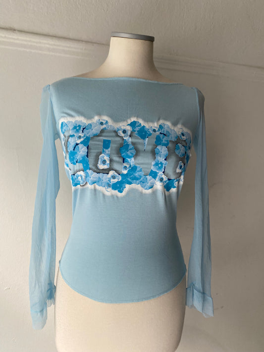 Y2K baby blue top with see through sleeves