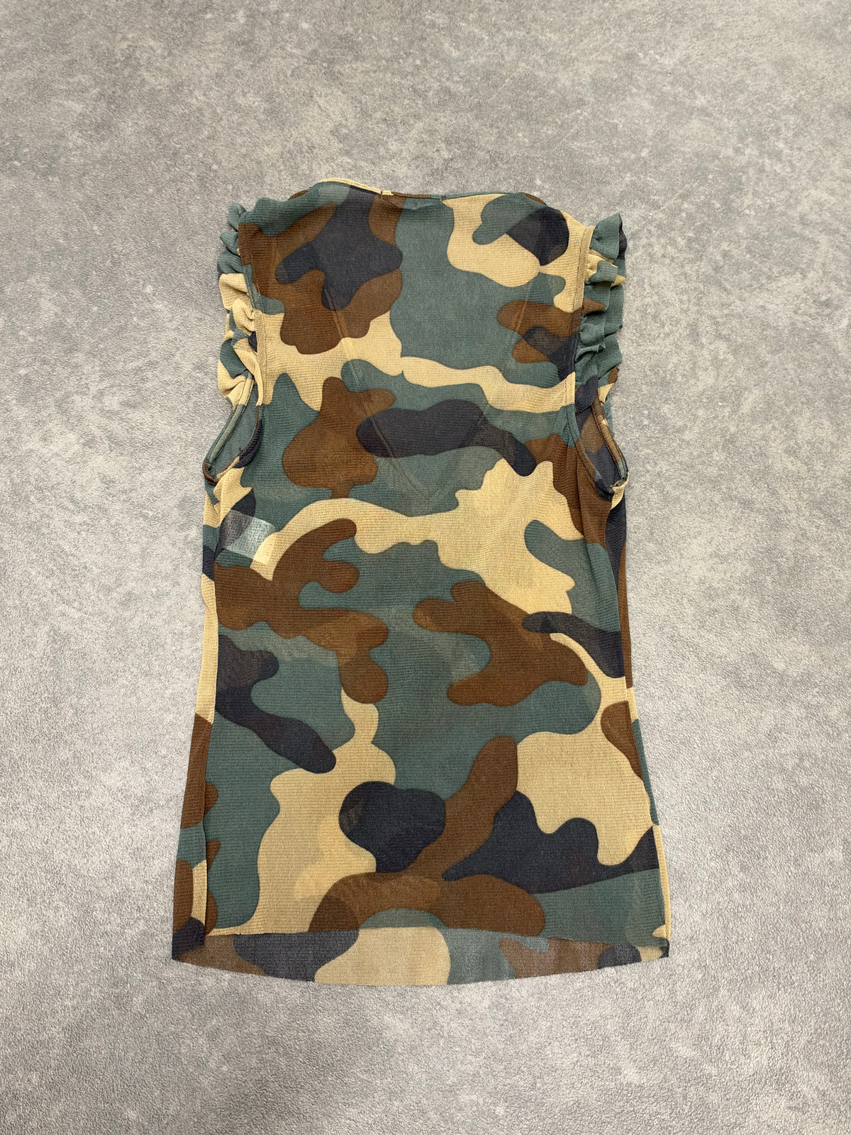 Y2K Sisley camo semi sheer top