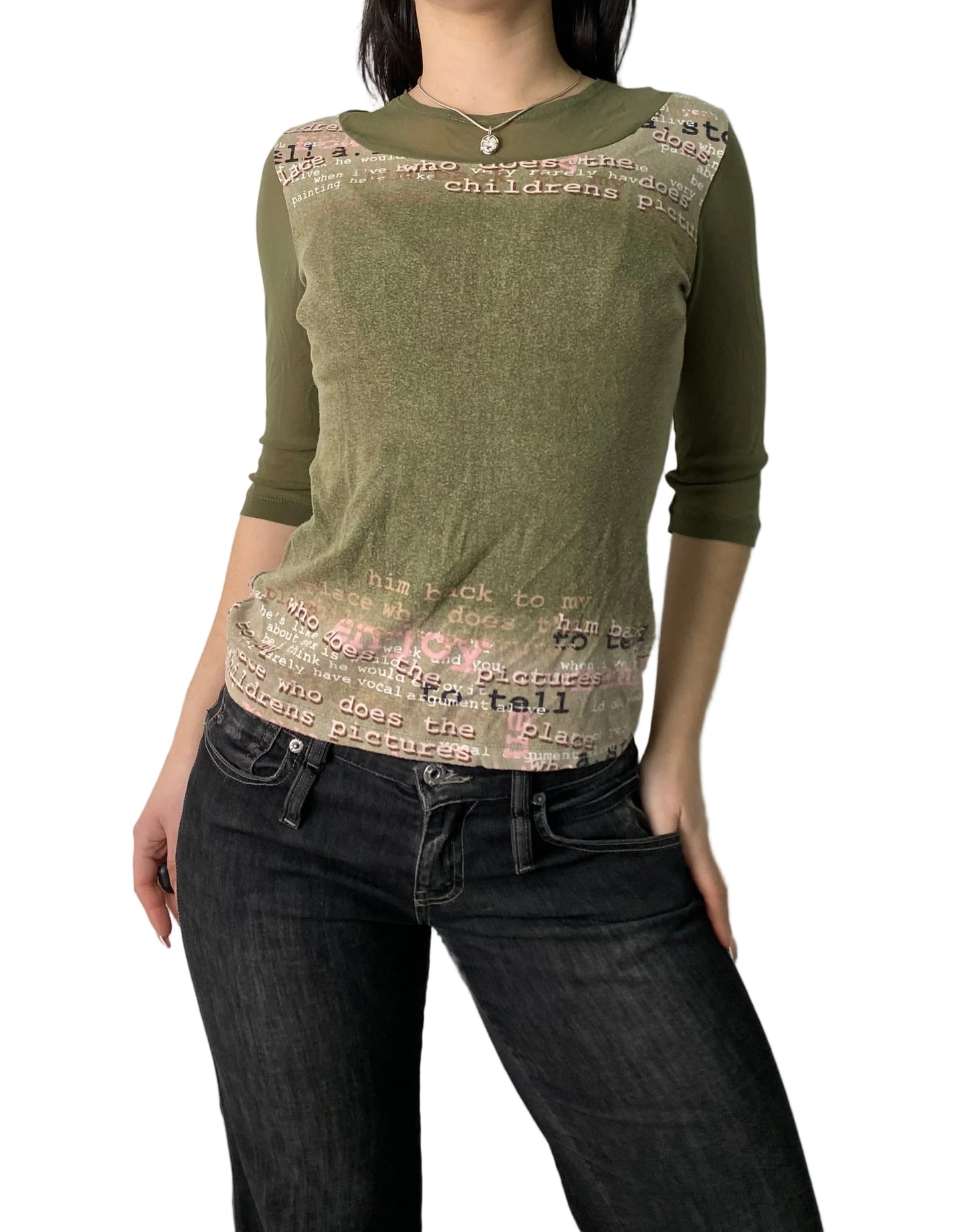 Y2K khaki graphic long sleeve top