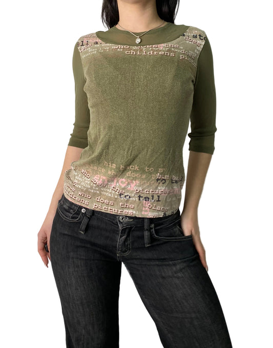 Y2K khaki graphic long sleeve top