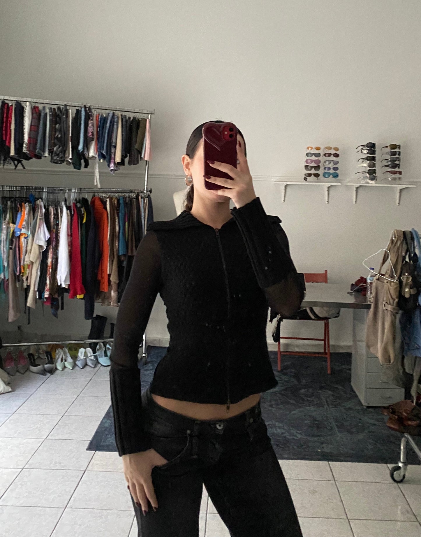 Black knit zip up with see through sleeves