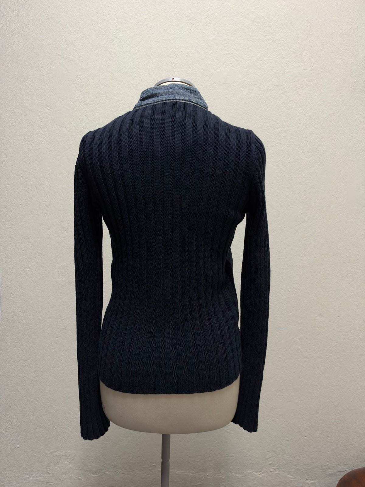 Vintage denim & ribbed knit zip up