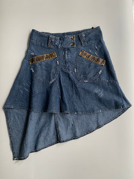 Asymmetrical denim midi skirt