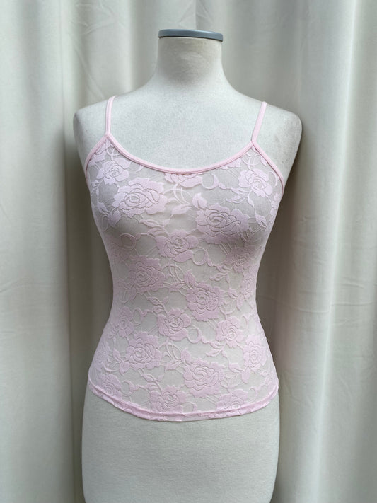 Y2K baby pink rose lace cami top