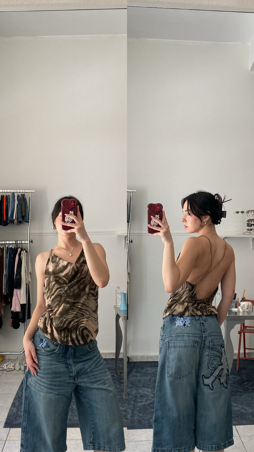Vintage animal print open back top
