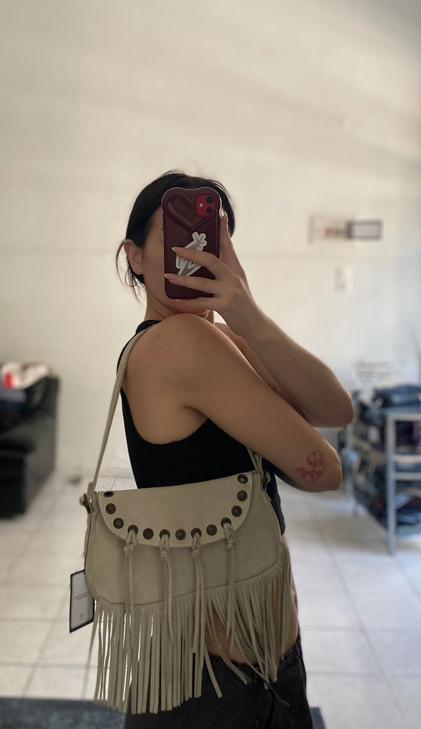 Beige western leather shoulder bag