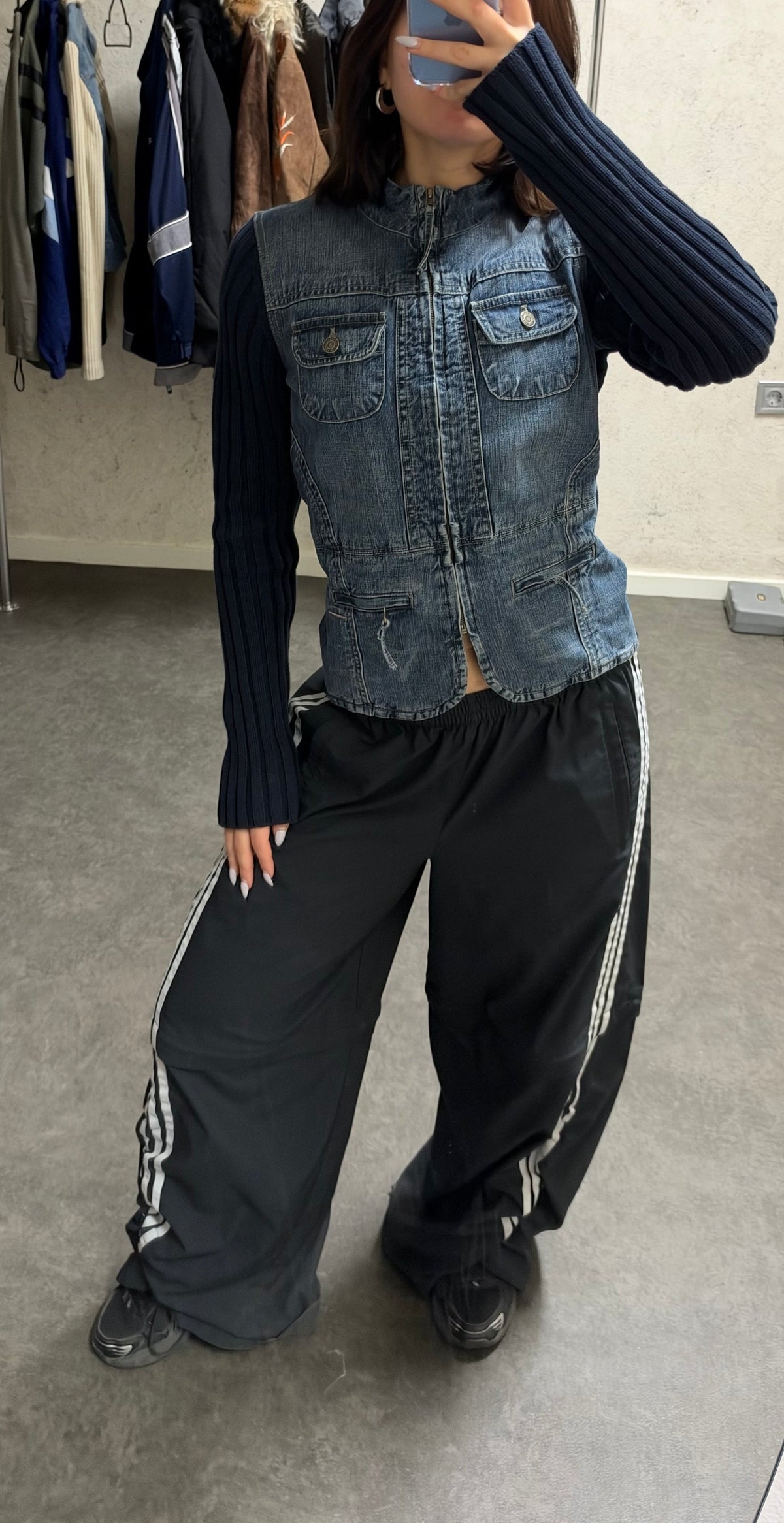 Vintage denim & ribbed knit zip up