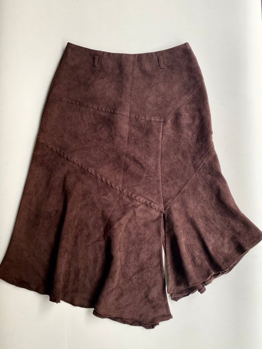 Brown asymmetrical suede skirt