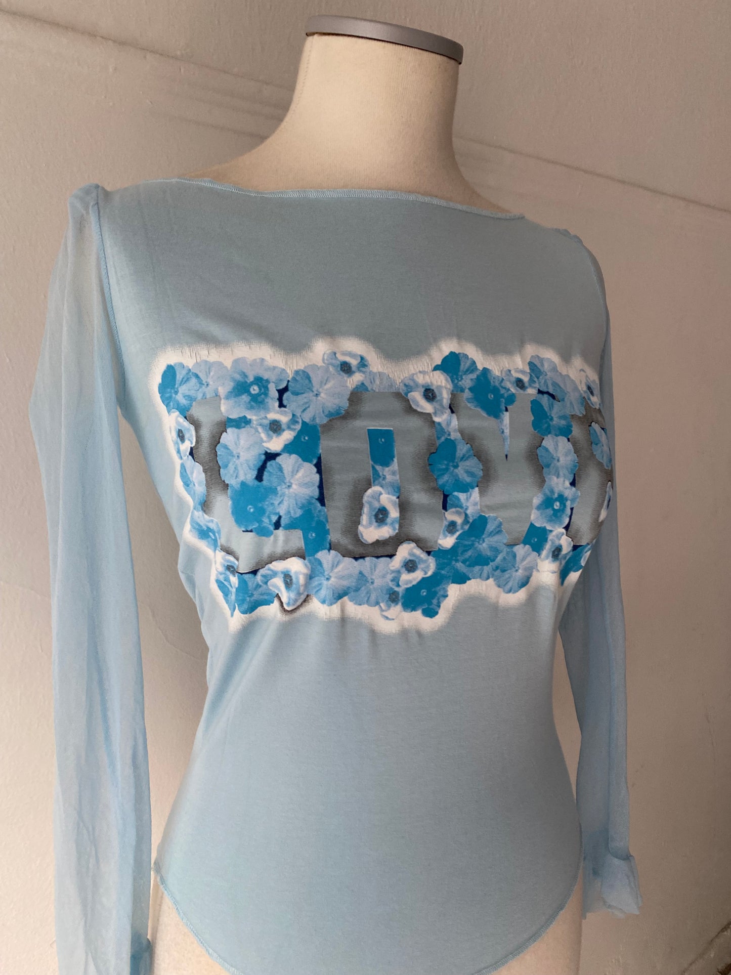 Y2K baby blue top with see through sleeves