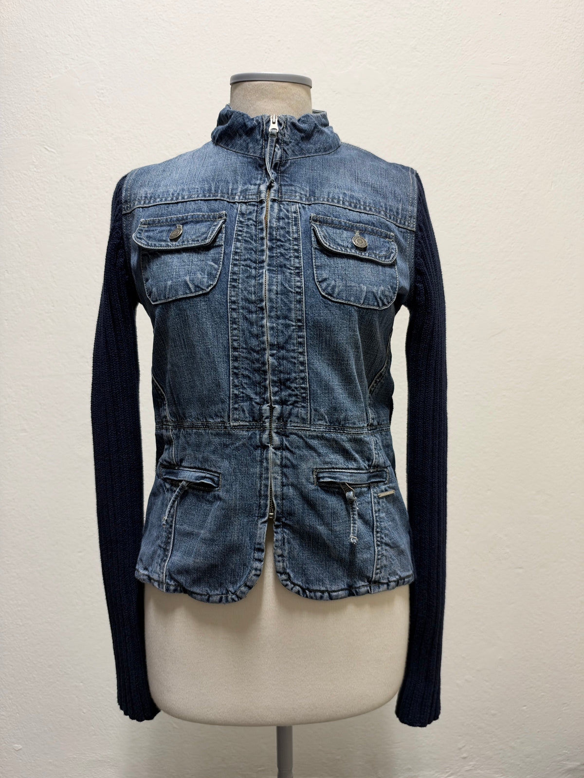 Vintage denim & ribbed knit zip up