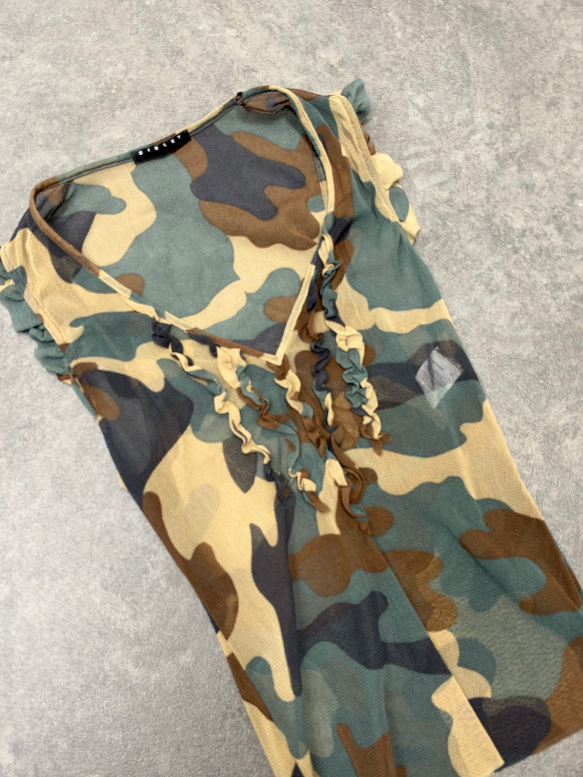 Y2K Sisley camo semi sheer top