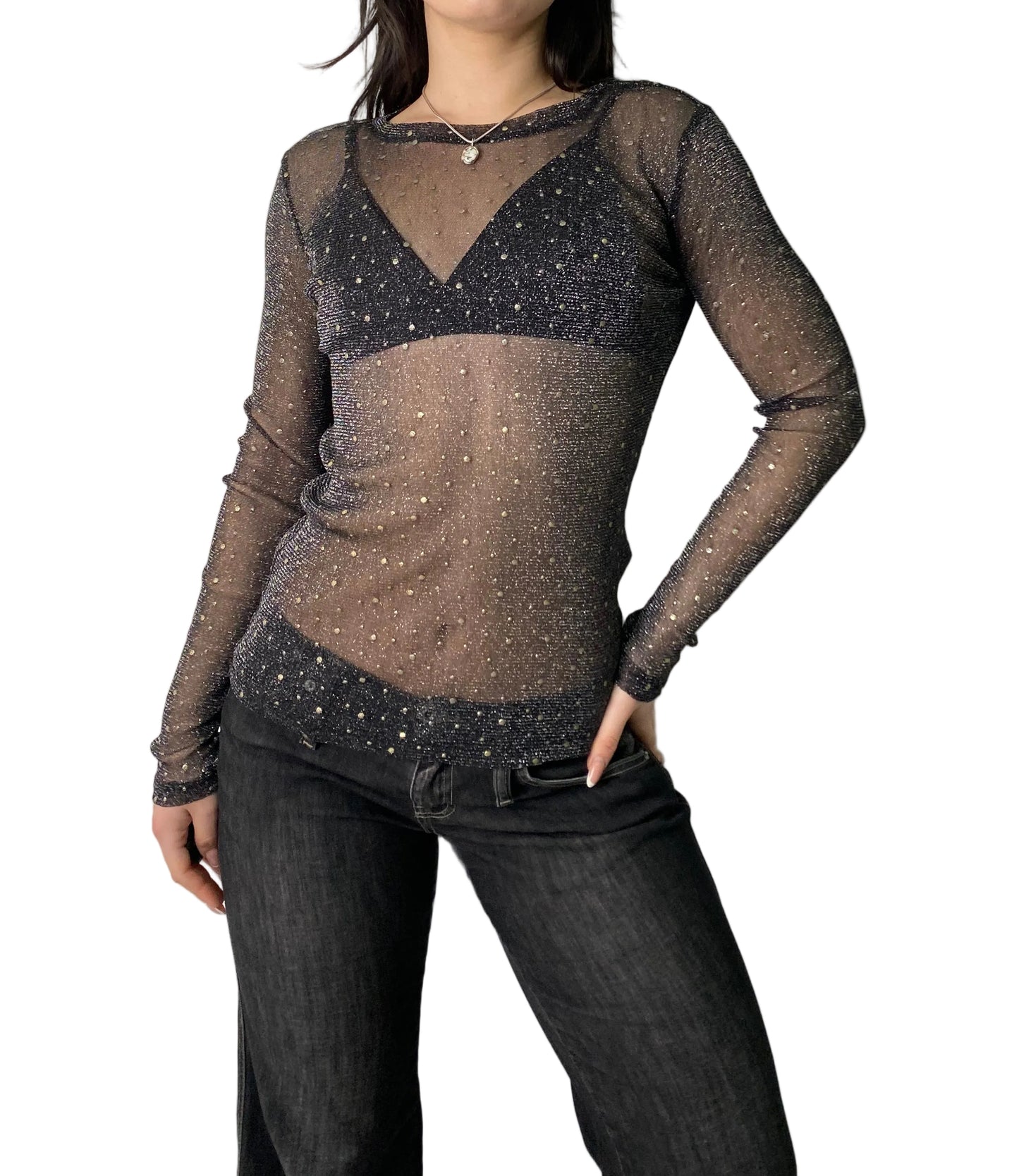 Sheer long sleeve with rhinestones