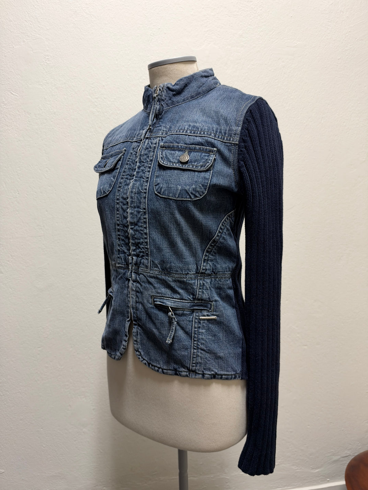 Vintage denim & ribbed knit zip up