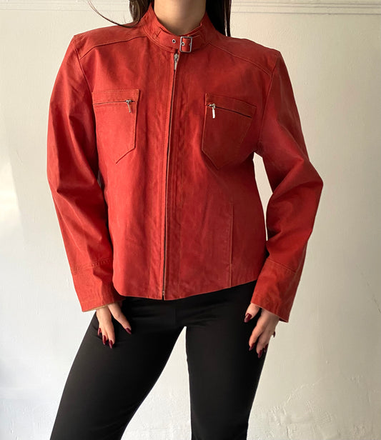 Red cropped leather biker jacket