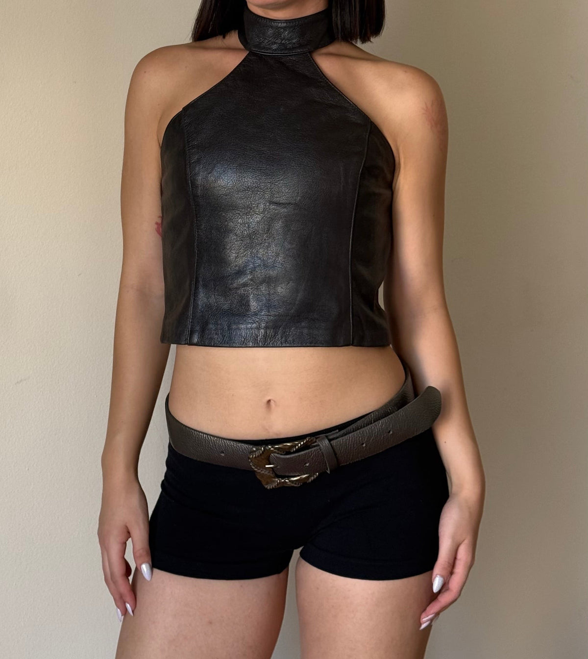 Real Leather high neck top with open back