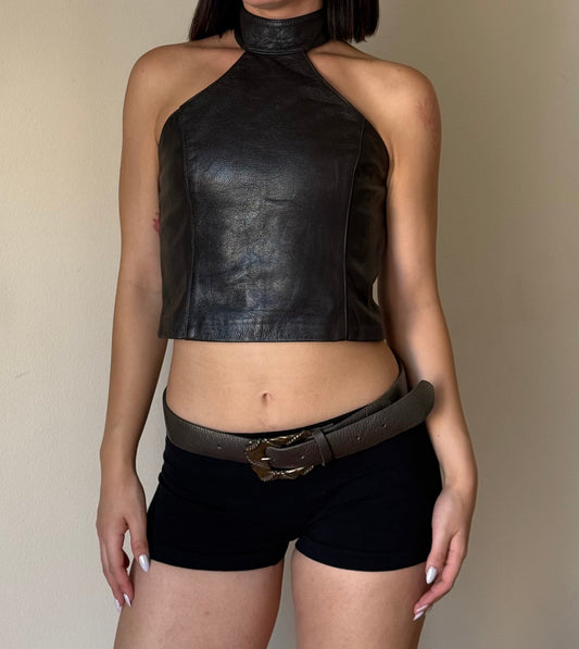 Real Leather high neck top with open back