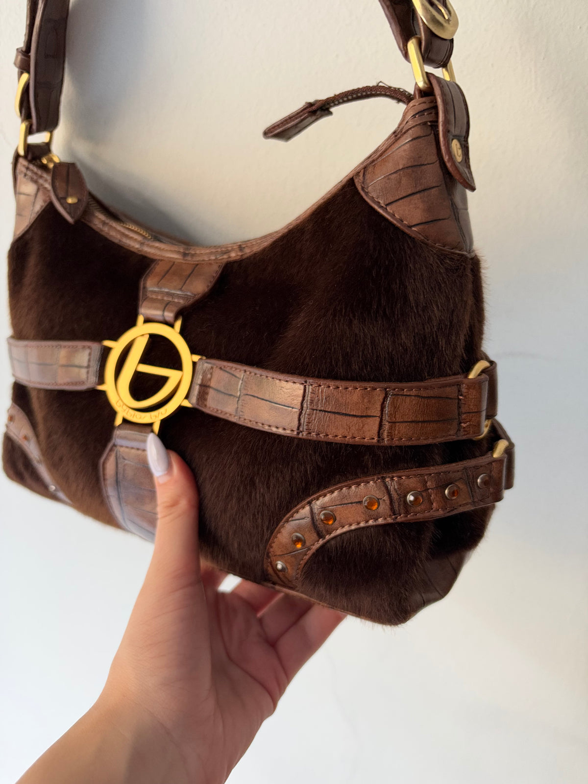 One of a kind Blu Byblos faux fur shoulder bag