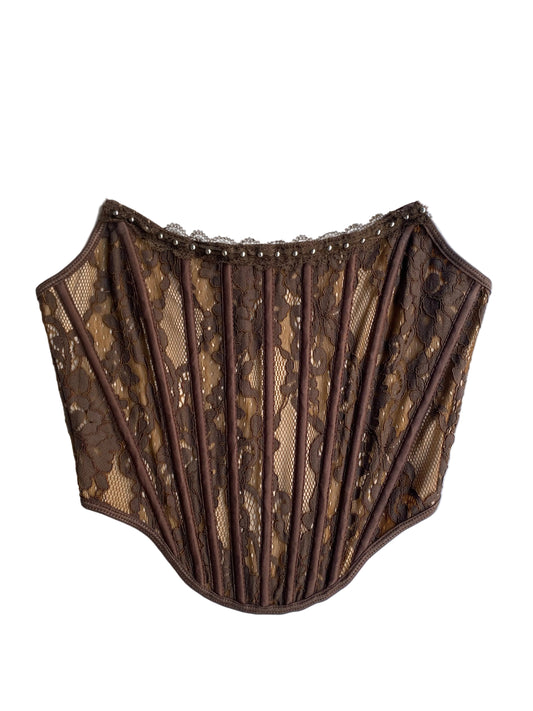 Brown lace strapless corset