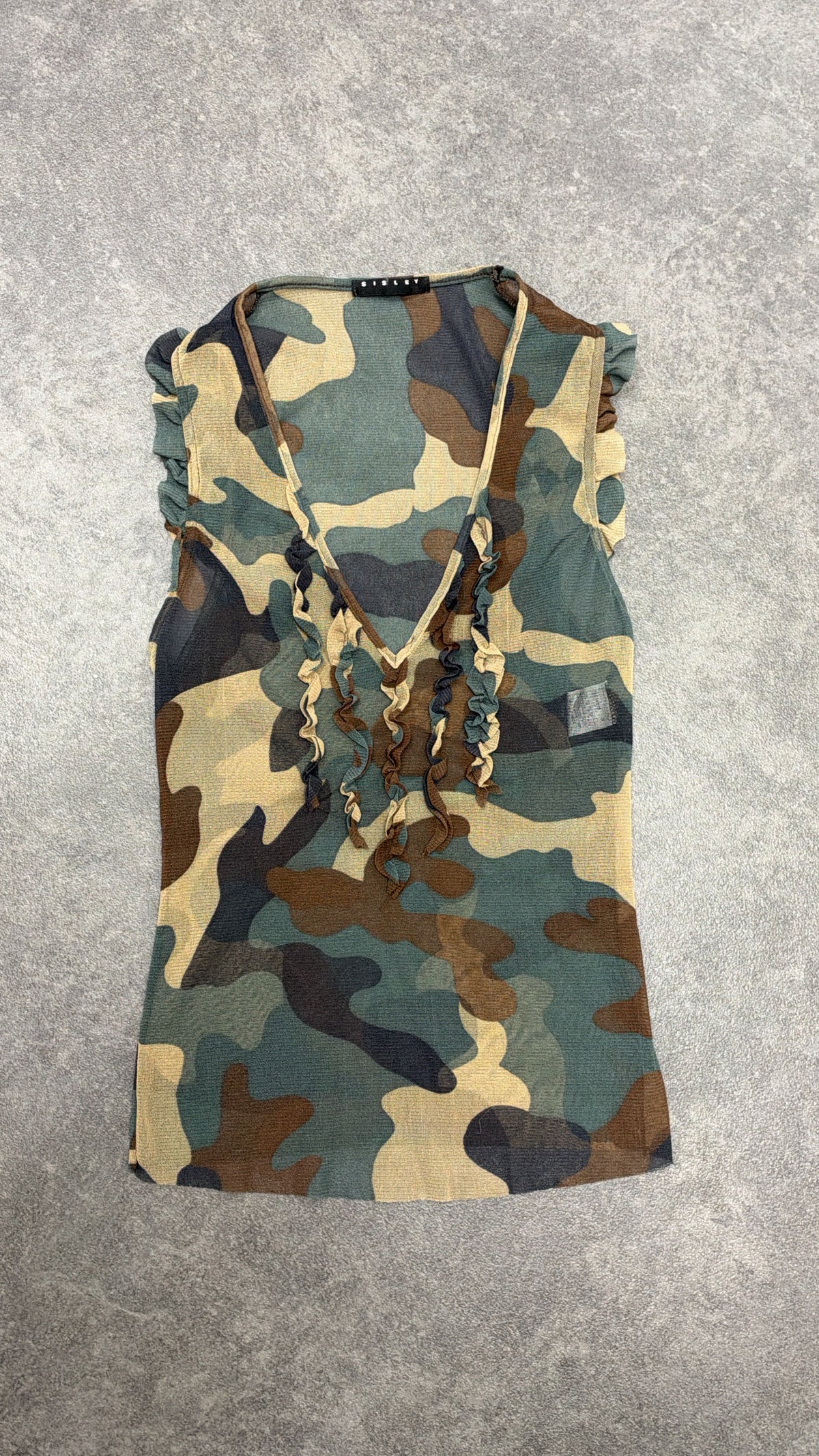 Y2K Sisley camo semi sheer top